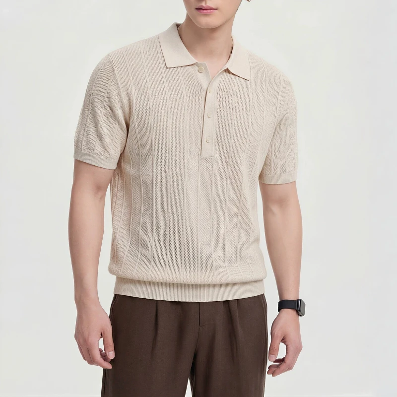 Polo da Uomo in Misto Lino Lavorato a Maglia a Maniche Corte, T-shirt Casual con Colletto Estivo - immagine 3