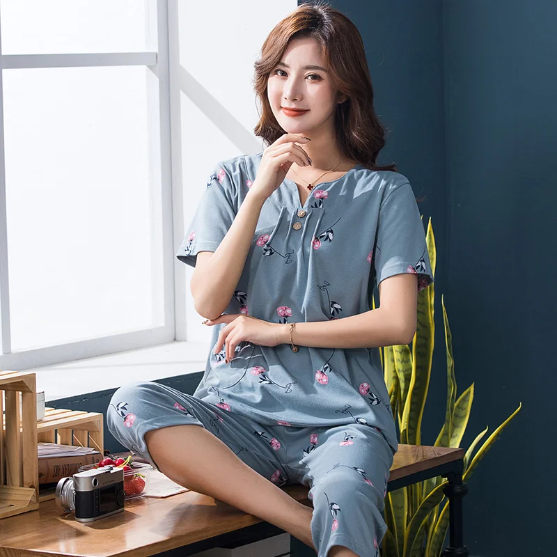 Big Yards XXXXL summer sleepwear women pajamas sets v-neck floral short sleeve pajama suit cotton women homewear suit soft women pajamas set women pajama suit cotton pajamas set
