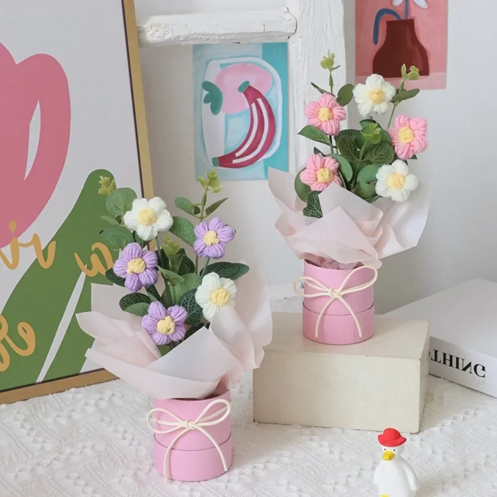 1pc Crochet Flowers Bouquet Finished Graduation Flower Bouquet With Gift Bag Led Lamp String Festival Decoration Handmade Gifts