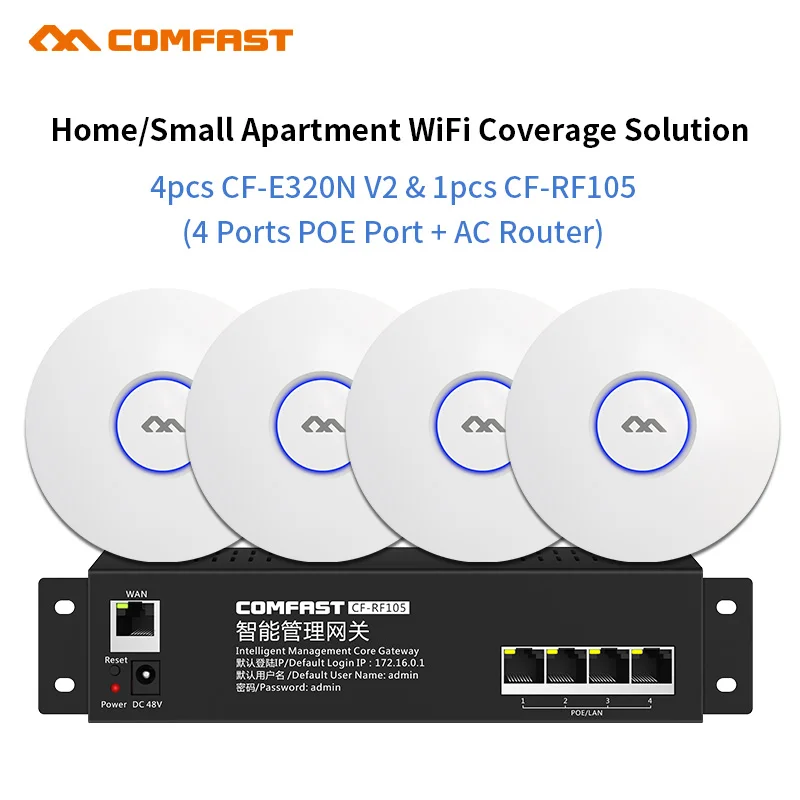 Hotel Home Wifi Cover Seamless Wi Fi Manage System 4Pc 300Mbps Indoor Access Point Ap + 1 Rf105 4 Porte Poe Ac Router Load Balance