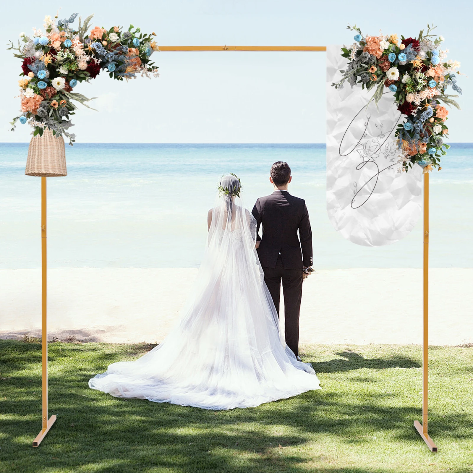 6.6 x 6.6 FT Heavy Duty Wedding Arch Square Metal Backdrop Stand Adjustable Height Bases for Outdoor Party Event Decoration