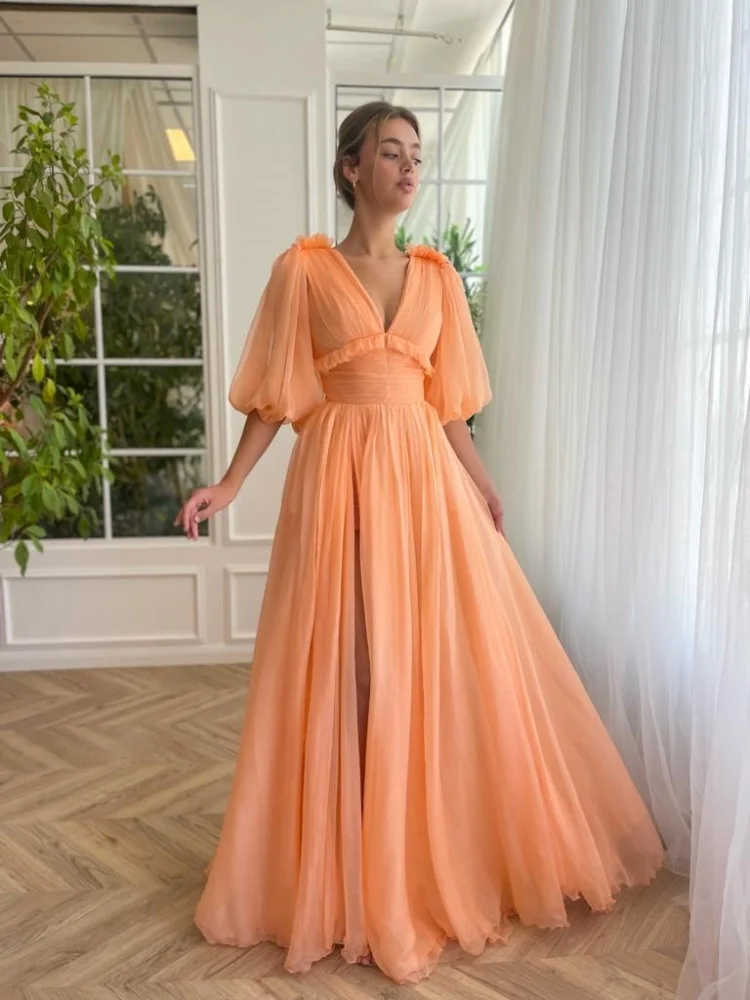 

Chiffon Light Orange Double V-Neck High Slit Prom Dresses Trumpet Half Sleeves Evening Gowns with Pleats Simple Princess Dress