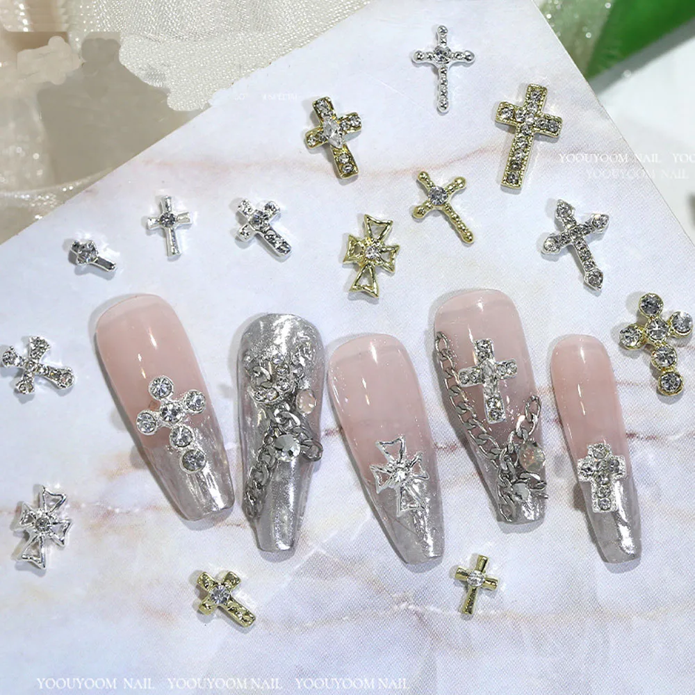 72Pcs Cross Nail Charm, 3D Nail Charms Vintage Silver Punk Chrome Heart Nail  Charms for Women Girls, Kawaii Nail Art Craft DIY Nail Decoration