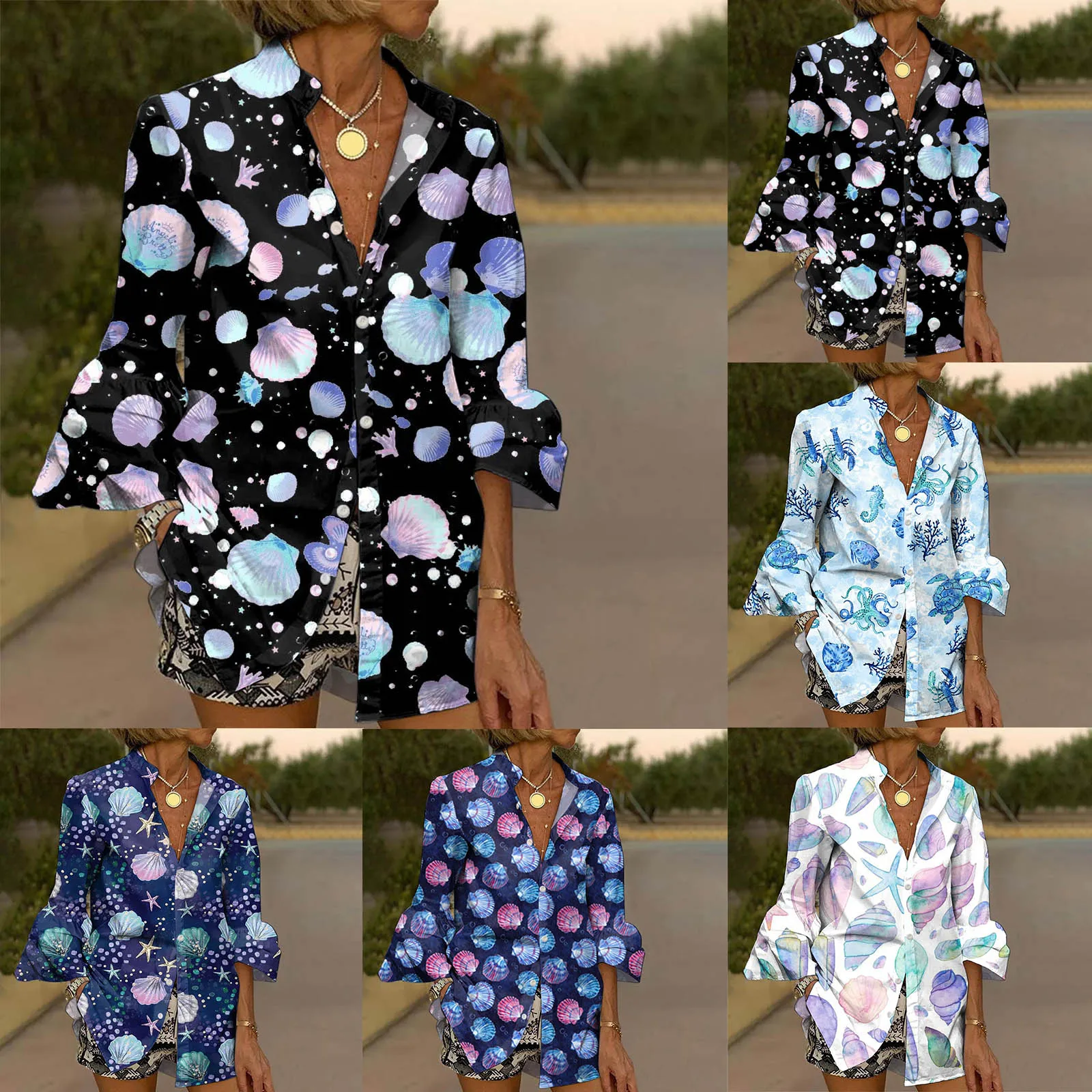 

Women Dressy Casual Seventh Sleeve Shirts Blouses Folding Harjauku OL Women Tops Oversized Casual Shirt Work Wear Vintage Print