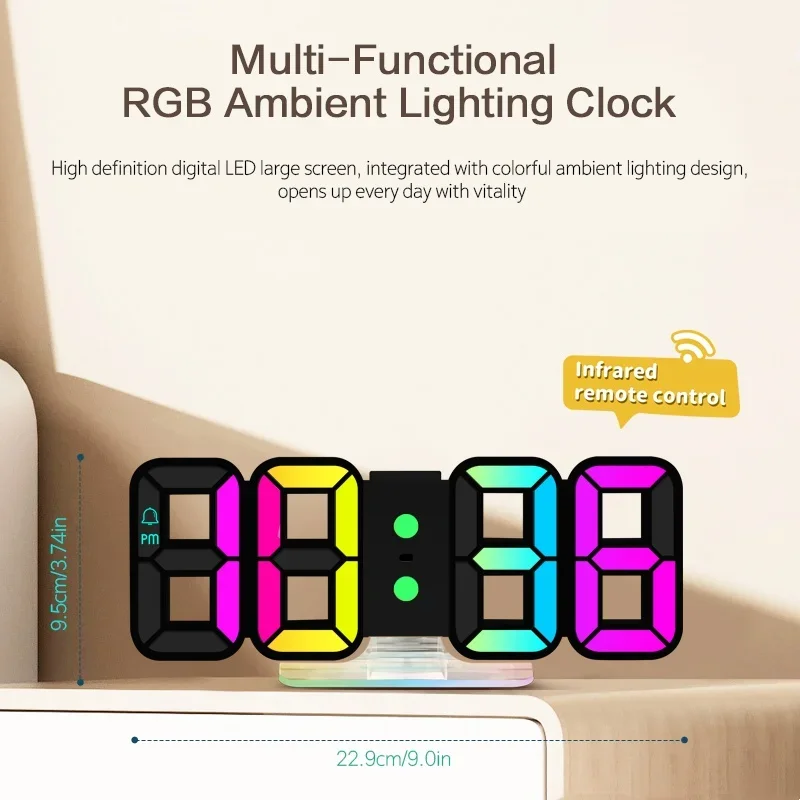 3D RGB Digital Wall Clock Mood Light Night Mode Touch Snooze Table Clock 12/24H Power-off Memory LED Alarm