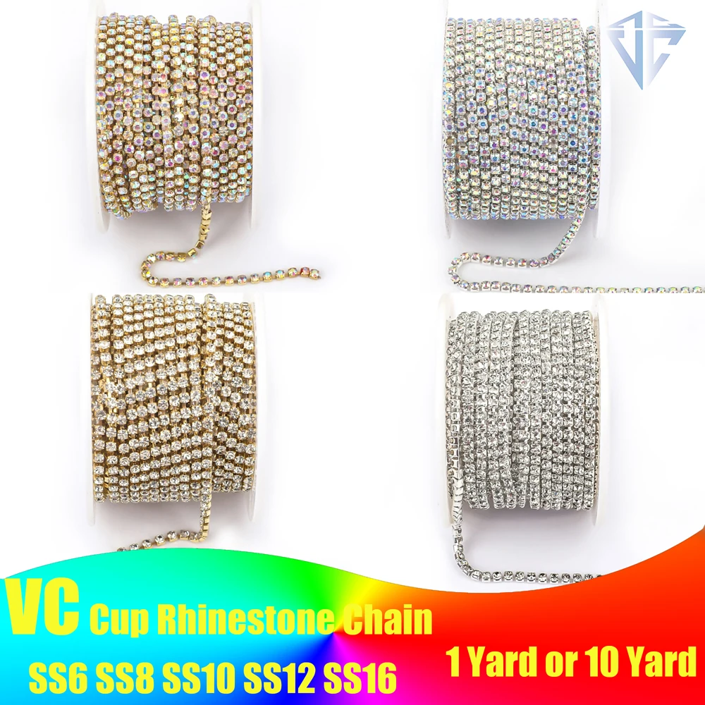 

1Yard 10Yards/roll SS6-SS16 Glitter Crystal Rhinestone Chain Sew-On Glue-On For Clothes DIY Garment Accessories trim Cup Chain