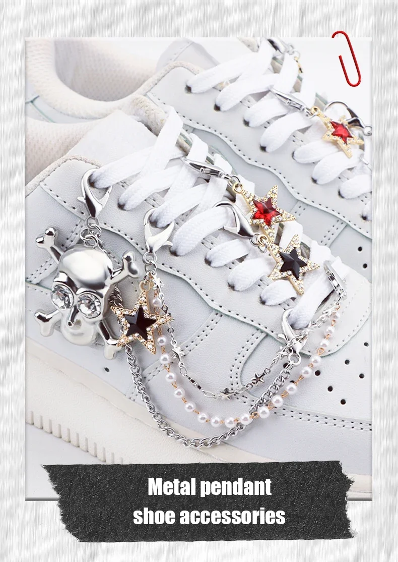 1PC Heart Star Pearl Shoe Laces Chain Punk Luxurious Diamond DIY Detachable Studded Pentagram Shoelace Accessories Jewelry Penda