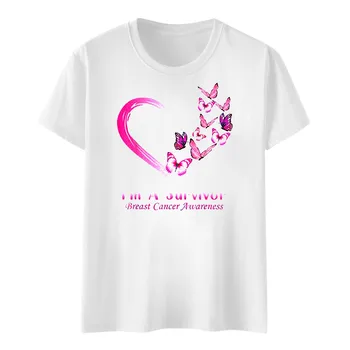 Breast Cancer Awareness T-shirt Women Pink October Short Sleeves Tees Tops Crew Neck Butterfly Heart Graphic T Shirts 4