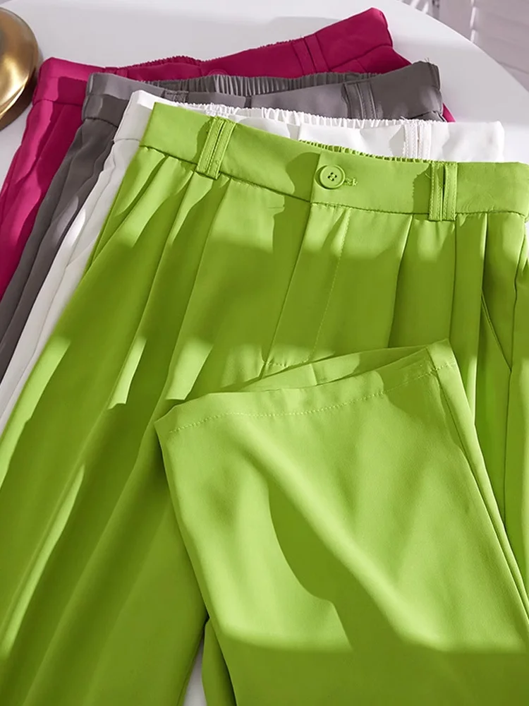 

COCHONNET Fruit Green Ice Silk Wide-Leg Pants Summer Thin Section High Waist Drape Loose Straight Casual Suit Pants