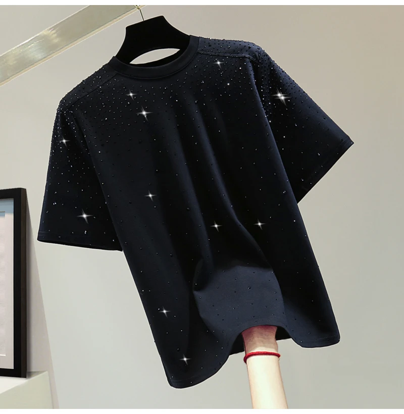 

Heavy Embroidery Hot Drilling Straight Short-Sleeved T-Shirt for Woman 2024 Summer Korean Style Casual Round Neck Top Tees