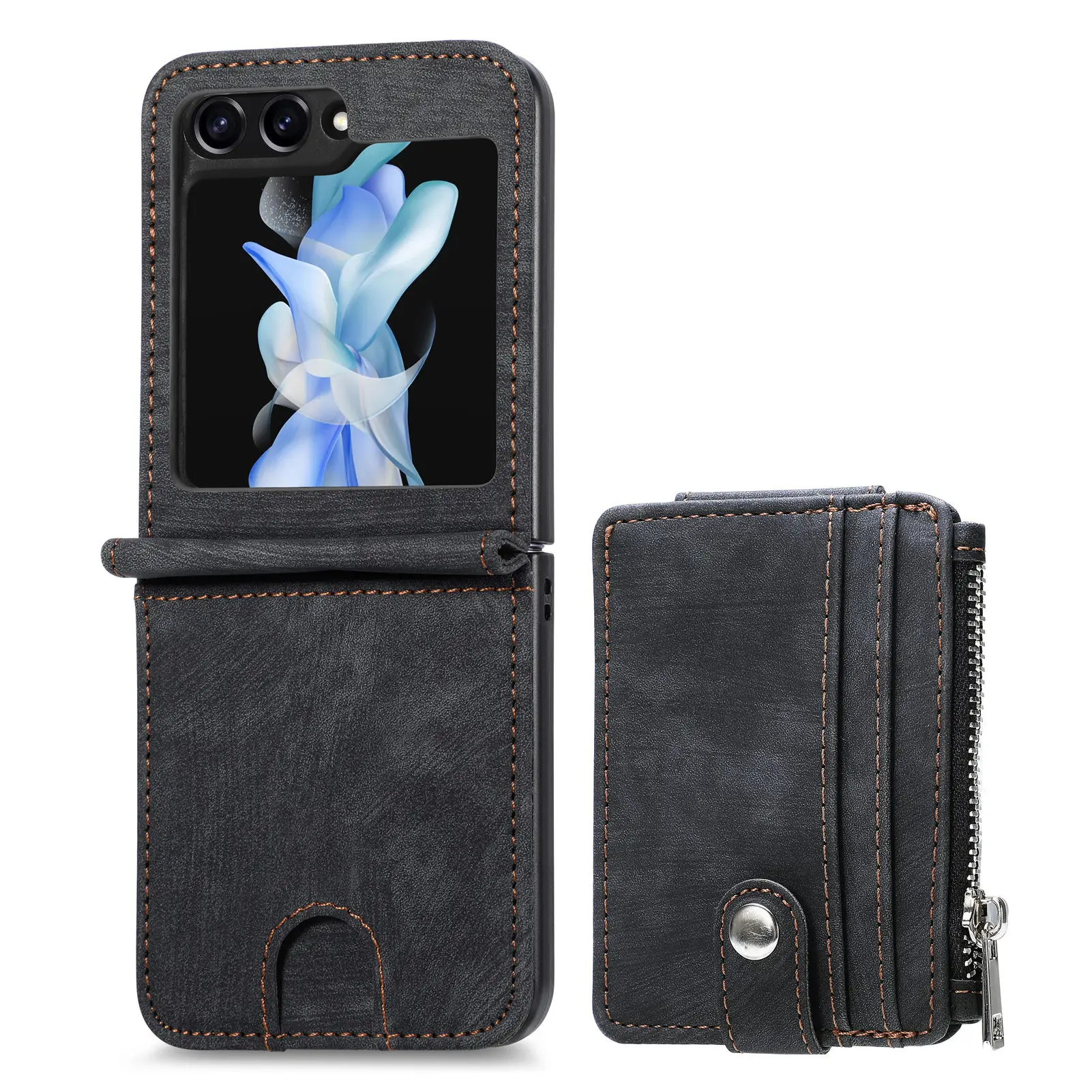 Leather Foldable Wallet Phone Case with Zipper Card Holder