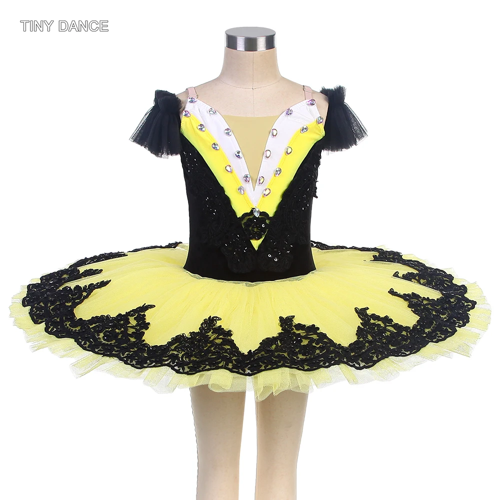 

Adult Professional Ballet Tutus Black Velvet Bodice with Yellow Pleated Tulle Pancake Tutu Skirt Girl Ballerina Dance Costume