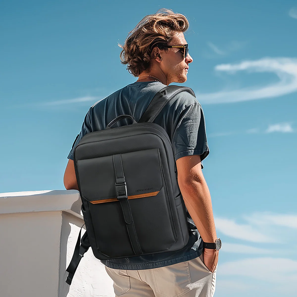 Heroic Knight Business Laptop Backpack 15.6" Men Waterproof Fashion Magnetic Flap Travel Backpack Trekking Casual Backpack Black 3
