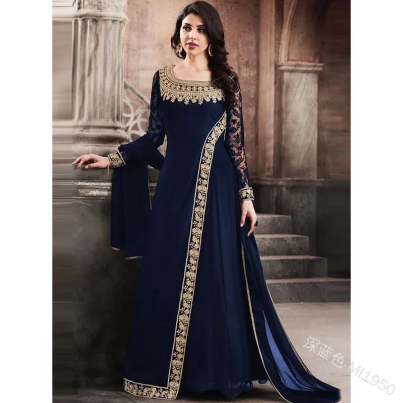 New 2023 Women Retro Lace Stitching Irregular Dress Round Neck Long Sleeve Cloak Chiffon Dress Muslim Abaya Loose