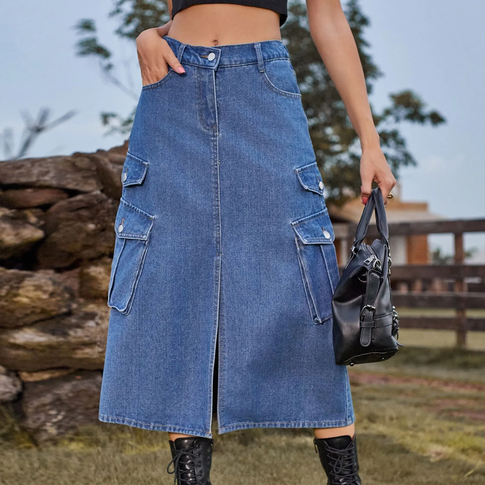

Women Side Pockets Denim Cargo Midi Skirt Vintage High Waist Split Female Skirts Mujer Retro Lady Skirt