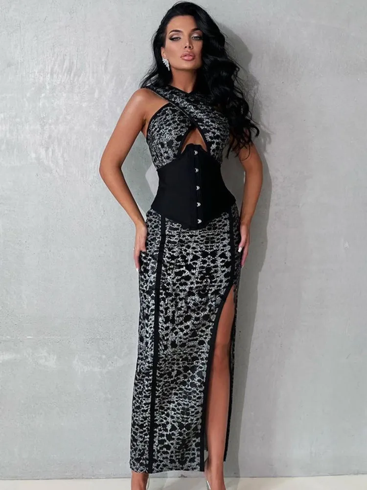 

Women Summer Luxury Sexy Key Hole Jacquard Black Maxi Long Gowns Bandage Dress Elegant Celebrity Evening Party Club Dress