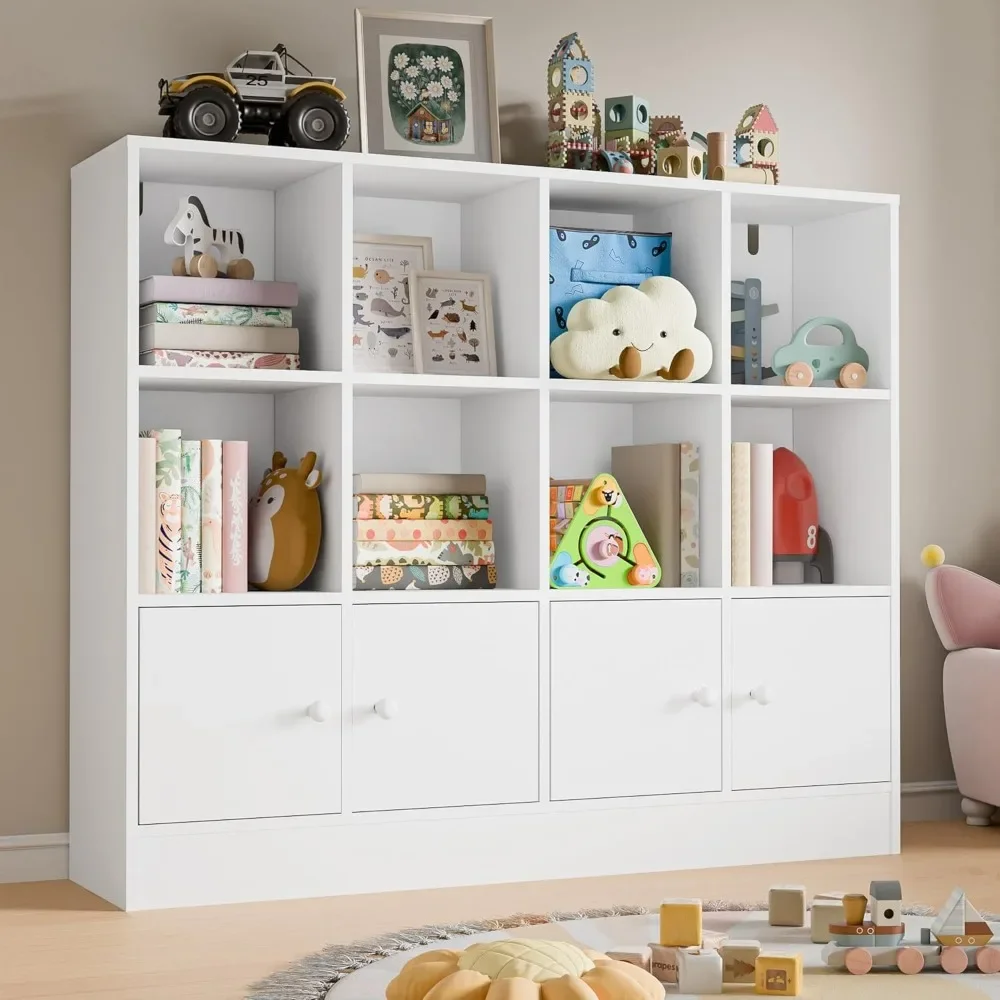 White Wood Bookcase,12 Cube Storage Organizer Bookshelf with 4 Doors,3 Tier Storage Cabinet with Adjustable Shelves for Bedroom