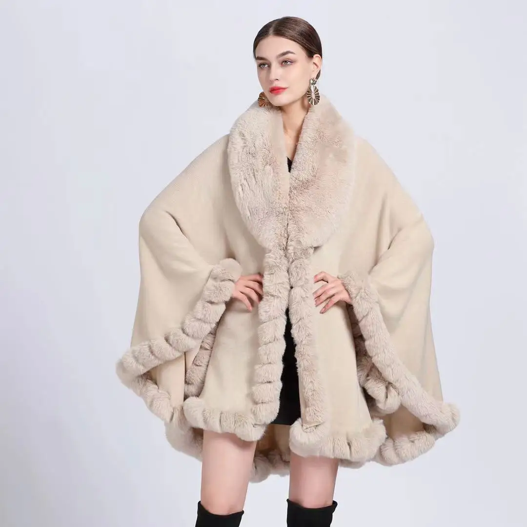 

Europe America New Imitation Otter Rabbit Fur Collar Hooded Imitation Cashmere Loose Ponchos Women Capes Khaki Cloak