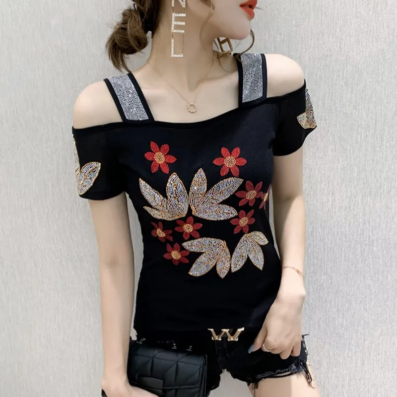 

Новое поступление, модная женская одежда, облегающая футболка, пикантные сетчатые Женские топы с открытыми плечами и блестящими стразами, подходящие ко всему футболки, блузка для женщин