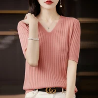 Women's Sweater Spring Summer Short Sleeve V-neck Knit Shirt Casual Korean Pullovers Stripe Bottoming Shirt Slim Fit Jumpers - Image 4