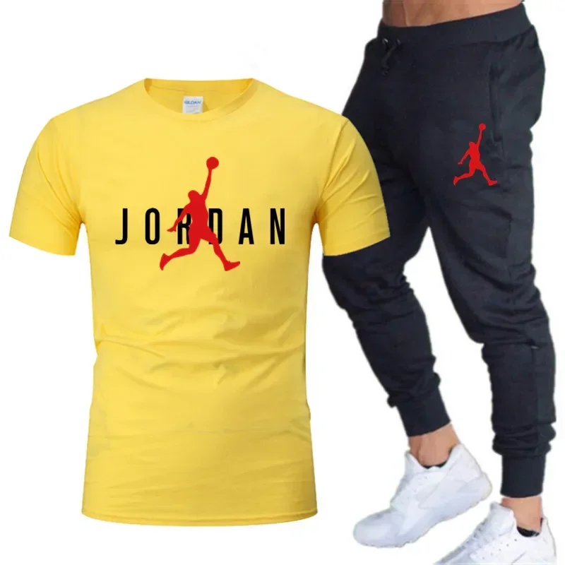 Summer Men's Tracksuit Suit Short Sleeve T-Shirt + Trousers 2-Piece Sets Fitness Jogging Sports Pants Sportswear Suit