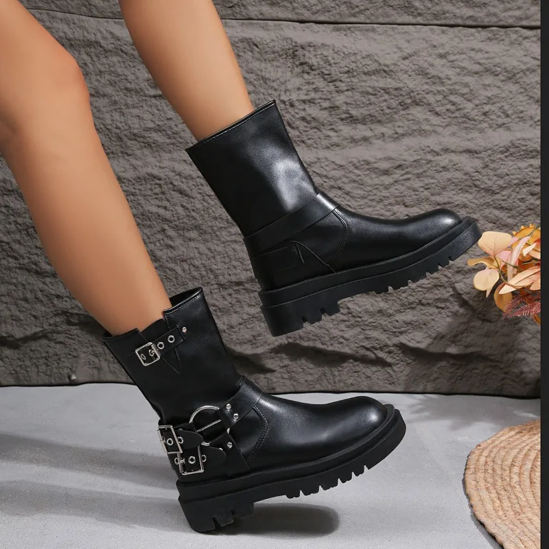 TSTCTB Fashion Buckle Motorcycle Boots Women Pu Leather Platform Ankle Boots Women Thick Bottom Non-Slip Autumn Botas Mujer 2023