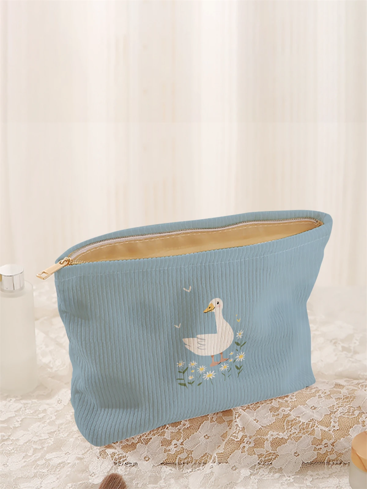 1pc duck pattern printed corduroy makeup bag, lightweight zipper makeup storage box, multifunctional bag with lining