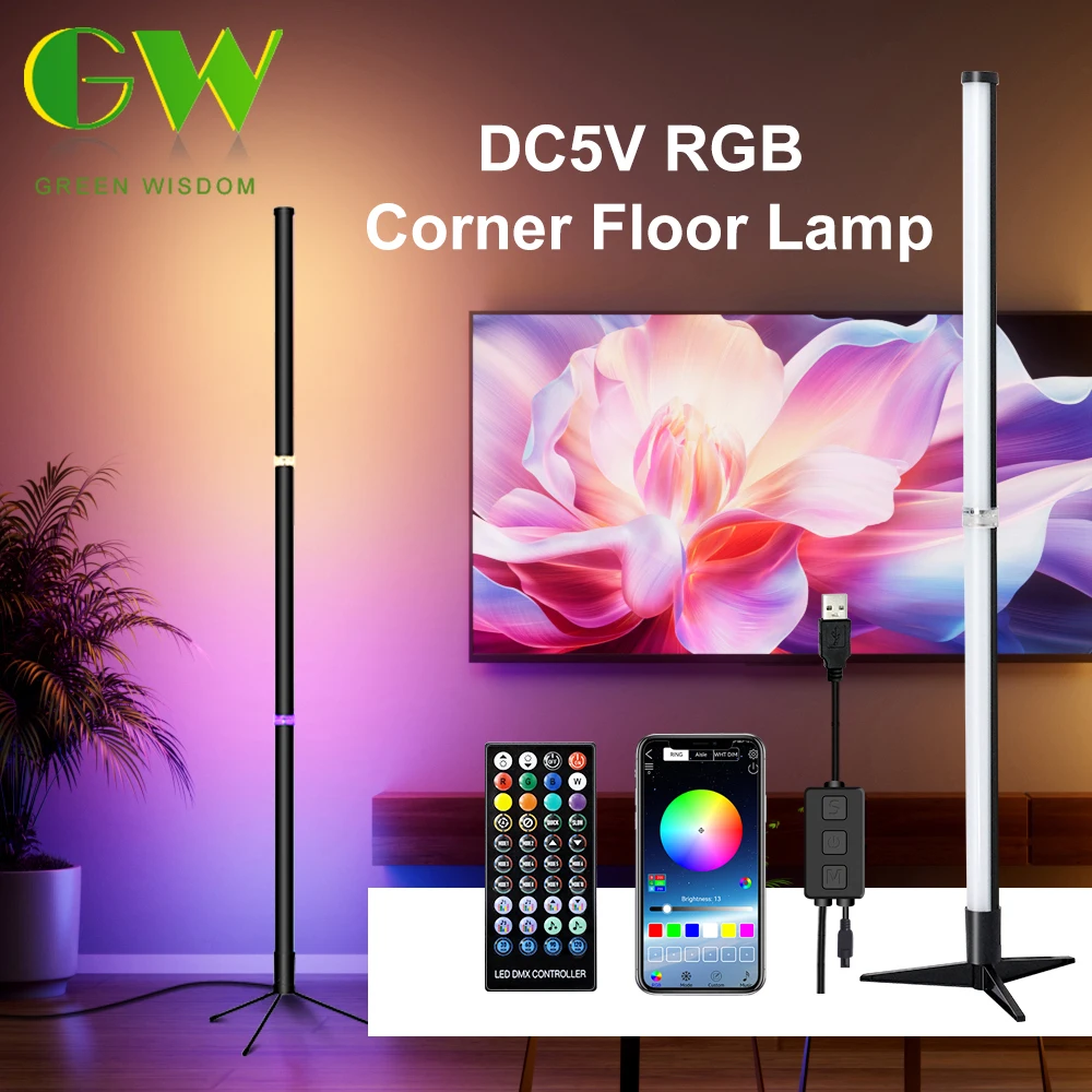 USB LED Tube Light Floor Lamp Colorful RGB Living Room with Remote APP Voice Control Music Sync Atmosphere lights