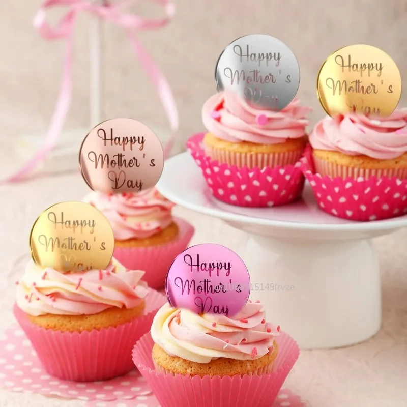 10PCS Happy Mother's Day Cupcake Toppers Gold Acrylic Mirror Engraved Cake Topper Decor 2025 Mother's Day Baking Dessert Decor