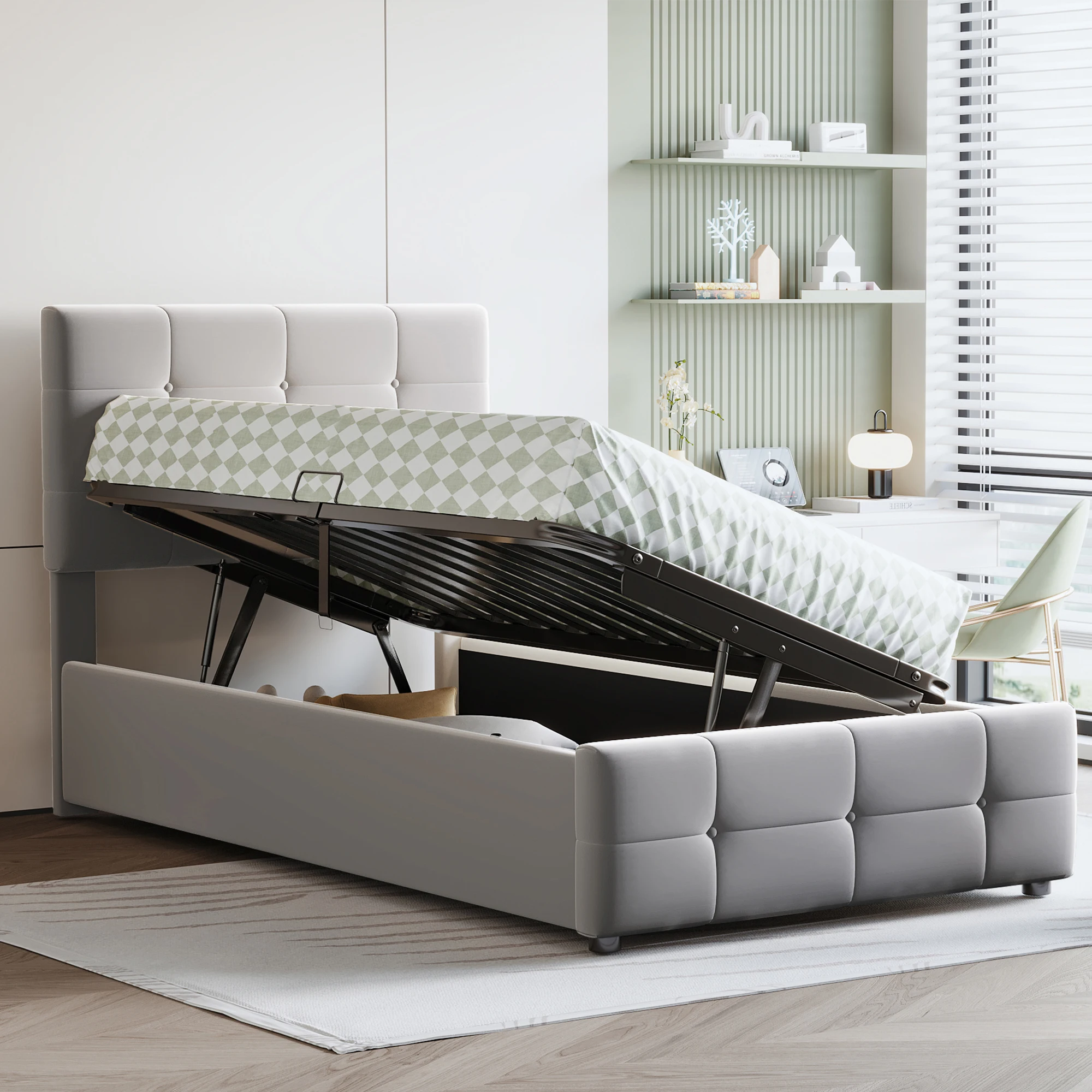 KOMHTOM Kinderbett Einzel 90x200 cm aus Samtstoff mit hydraulischem Stauraum und höhenverstellbarem Kopfteil – Detail 2