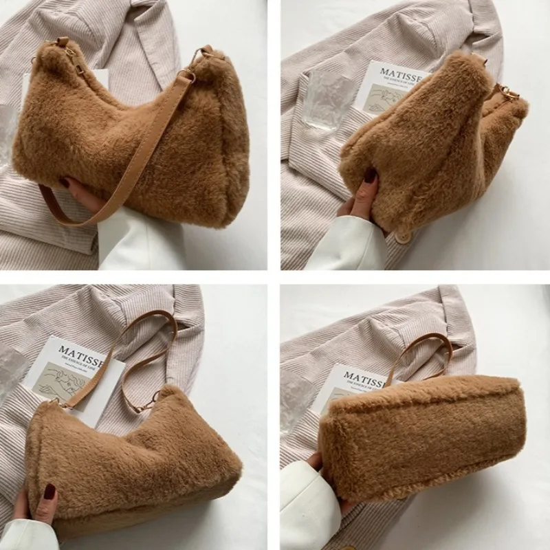 Winter Autumn Luxury Faux Fur  Mini Tote Bag for Women Designer Handbags Lady Purses Fluffy Soft Plush Underarm Bag