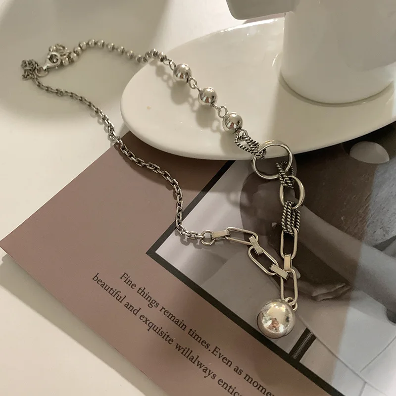 925 שרשרת כסף סטרלינג כדור שרשרת אסימטרית תליון פאנק גיאומטרי עבור נשים ילדת מתנה הסיטונאי