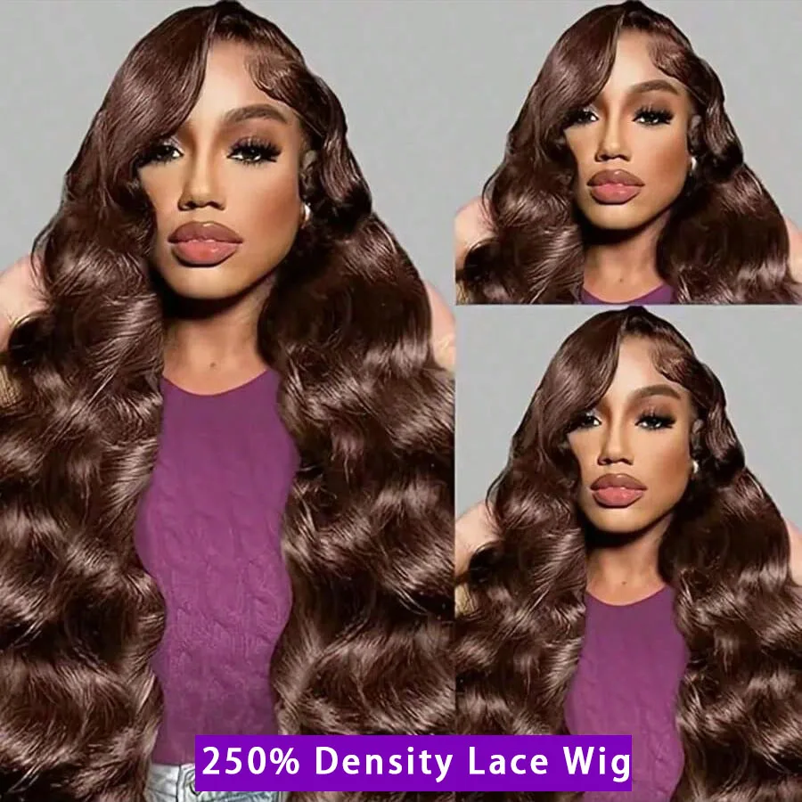 250% High-Density 13x4 Forehead High-Definition Lace Wig Chocolate Body Wave Human  Wigs for Women 28 Inch