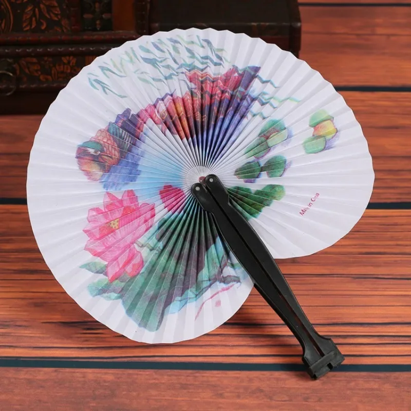 Foldable Paper Fan Retro Windmill Small Round Paper Color Decor Fan Style Party Hand Gift 1pc Random Printed folding fan hand fan