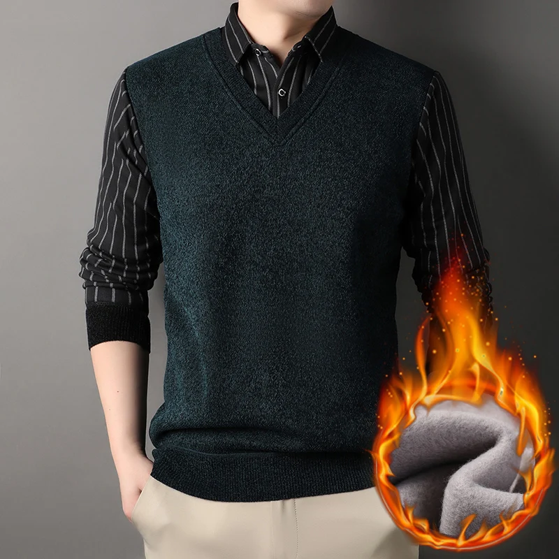 Male Fleece Pullover Polo Collar Sweater Autumn Winter Knitwear Stripe Sweaters