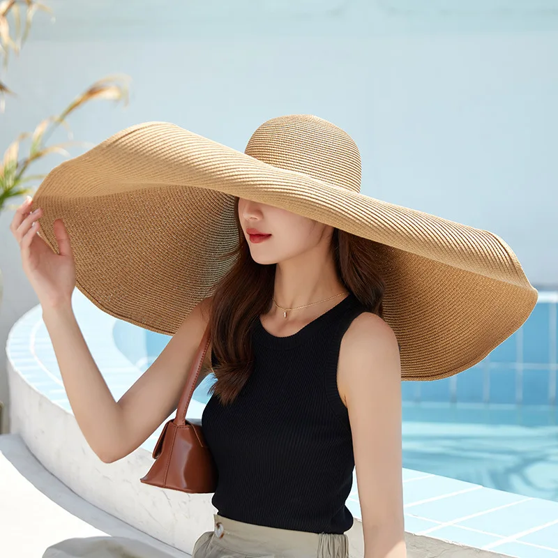 

Solid Oversized Sun Hat Foldable Women Large Wide Brim Woven Straw Beach Hats Summer Fashion UV Protection Travel Sun Shade Cap
