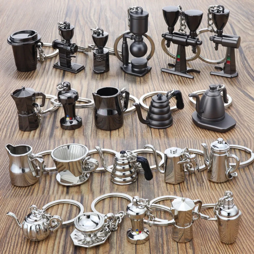 Metal 3D Creative Coffee Keychain Mini Pitcher Coffee Handle Keyring Accessories Cute Moka Pitcher Keyring Miniature Pendants