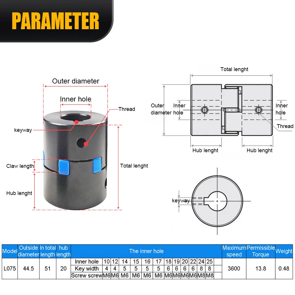 L075 D45 L51 inner hole 10/12/14/15/16/17/18/19/20/22/24/25 3jaw coupling Plum-coulper Servo motor /Star couplings High torque