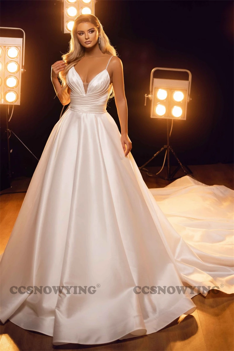 

White Satin Beaded Prom Dresses Spaghetti Strap Evening Gown Women Sleeveless Formal Party Dress A Line Robes De Soirée