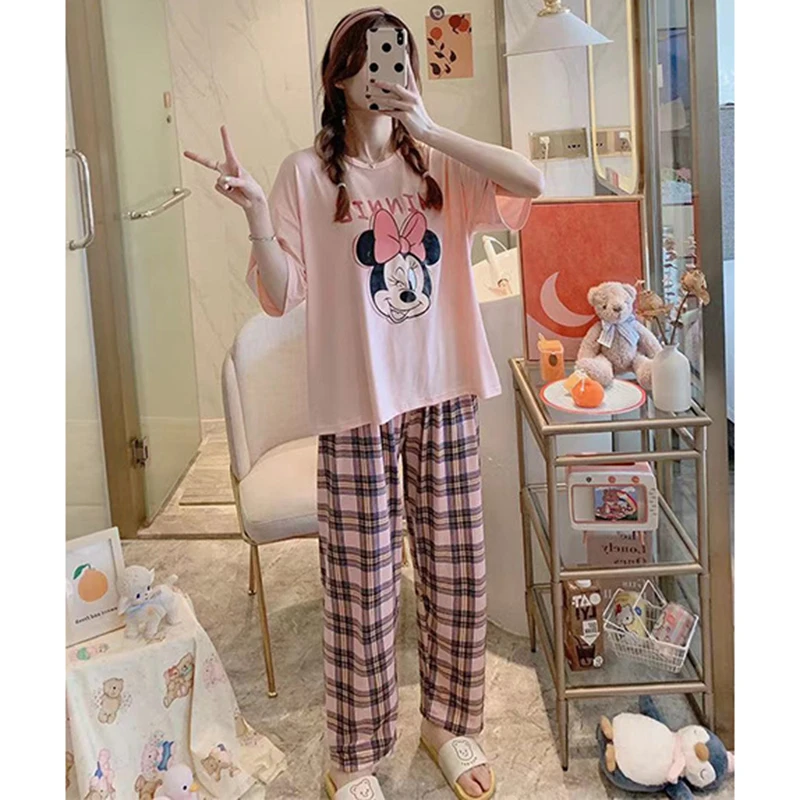 Disney Cartoon Mickey Winnie Snow White Pajamas Ladies Summer Short Sleeves Cute Pants Thin Girls Loose Homewear Pajamas Set 3