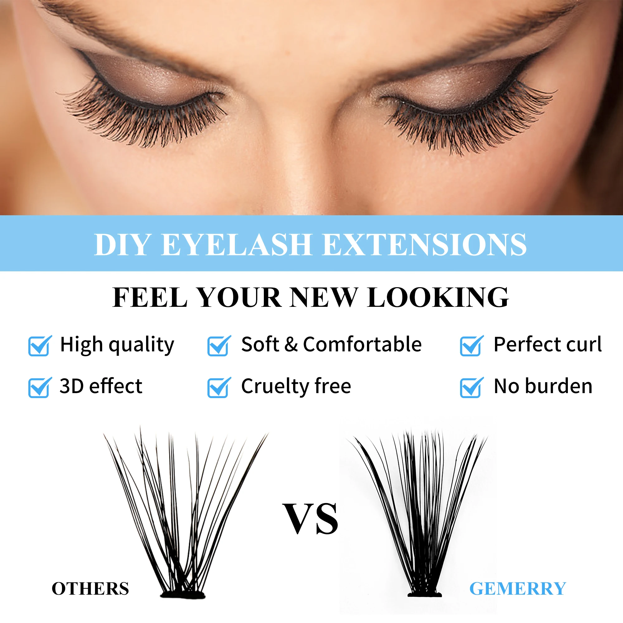 Gemerry Hot Melt Individual Lashes 240 pcs Large Tray 30P/40P D Curl Mix 8-16mm DIY Clusters Cosplay Lashes Extension Makeup