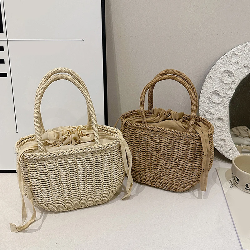 Drawstring Straw Bag for Women Top Handle Bag Summer Beach Woven Boho Bag Rattan Large Capacity Tote Bag Ladies Shopper Clutch