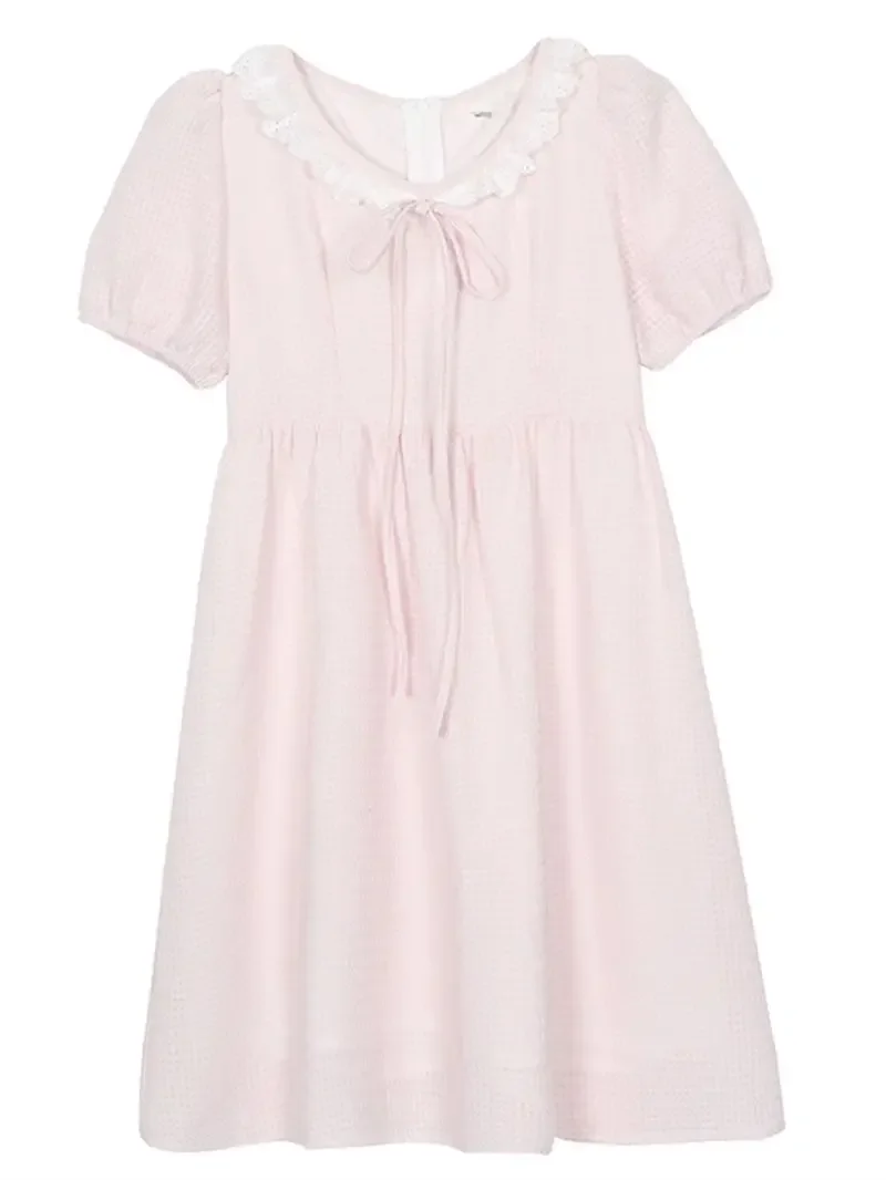 

Loose short dress summer new 2024 tie plaid delicate lace v-neck dress female Mori pure desire style
