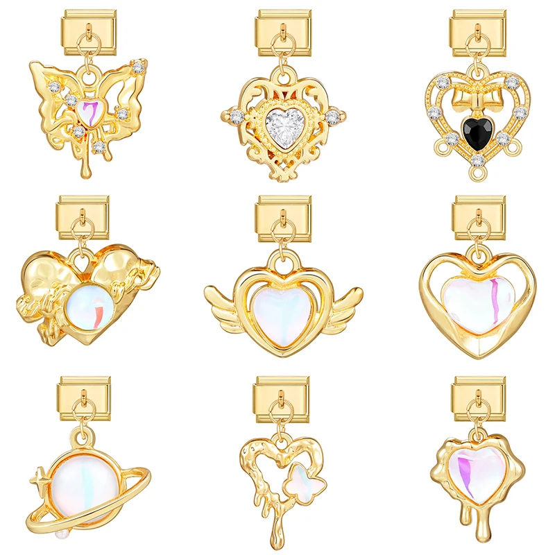 Golden Color Colored Zircon Butterfly Bird Love Heart Italian Charm Links for 9mm Bracelet Stainless Steel Diy Jewelry Making bracelet charm links