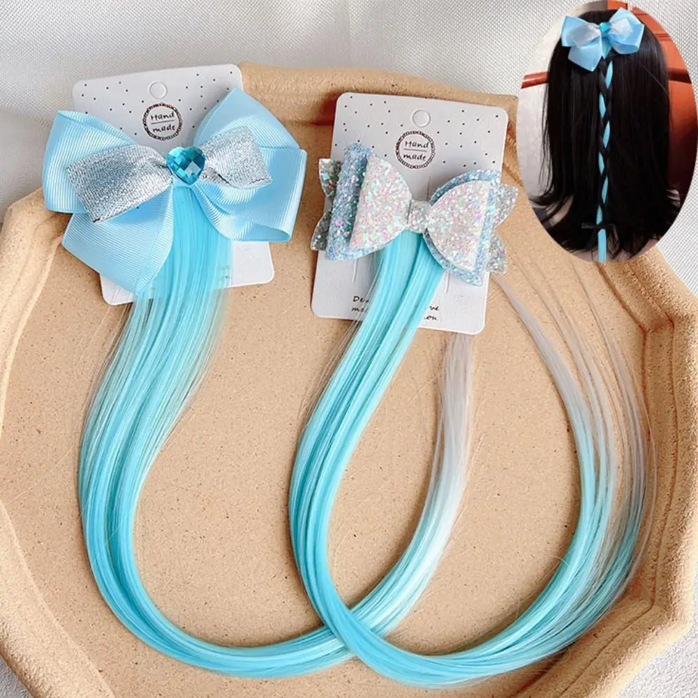 

Props Synthetic False Decor Fluffy Kids Headwear Blue Bow Wig Girls Braids Wig Gradient Hairpiece Long Straight Ponytail