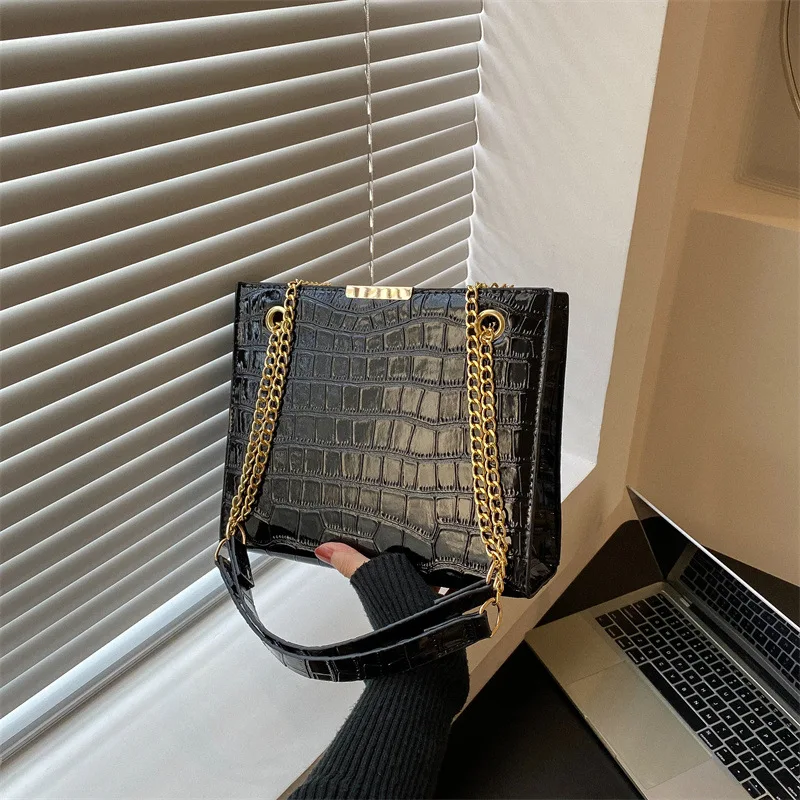 Black Croc Printed Gold Chains Shoulder Bags