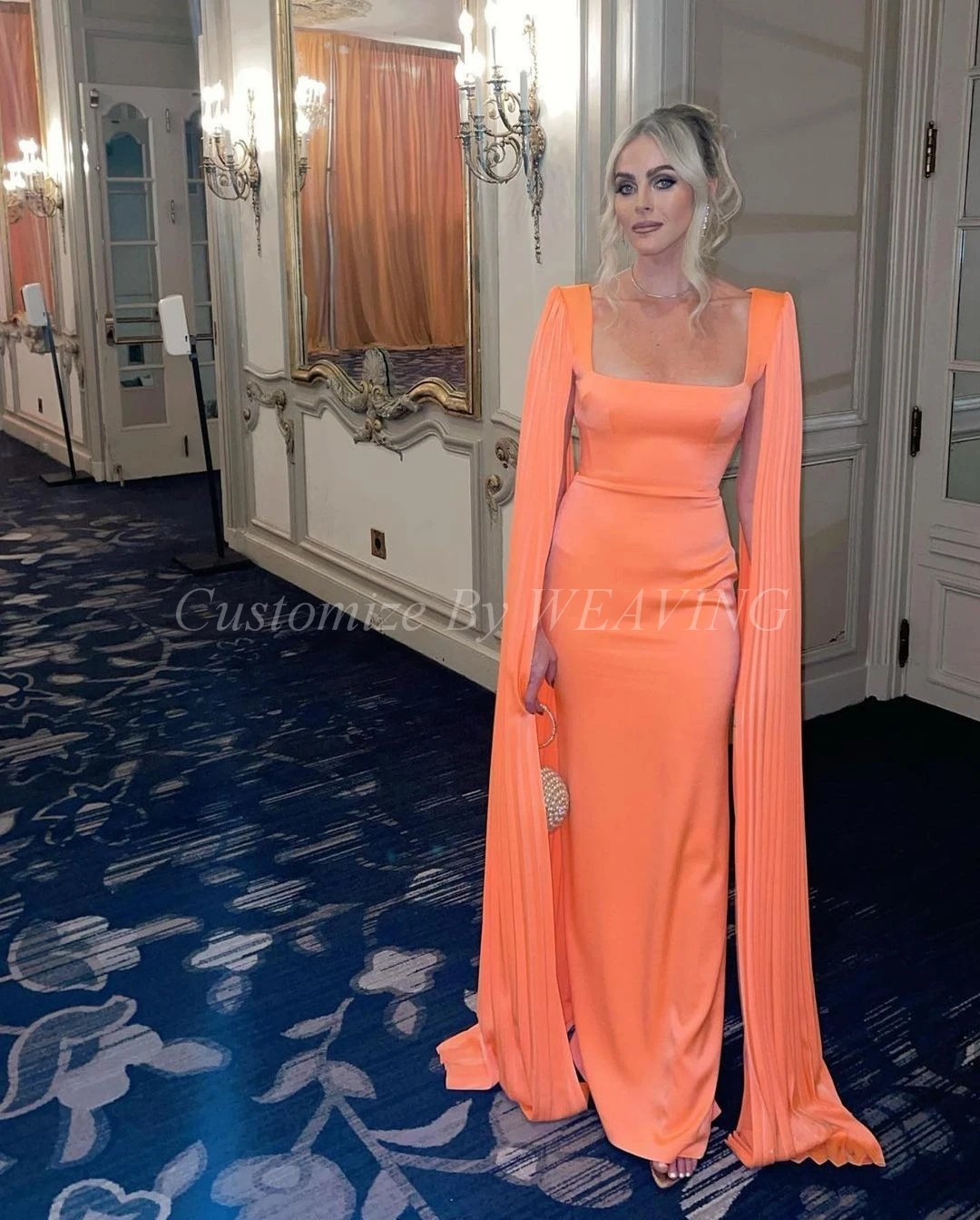 

Mermaid Orange Satin Long Prom Dresses Square Neck Floor Length Evening Dresses Formal Party Dresses
