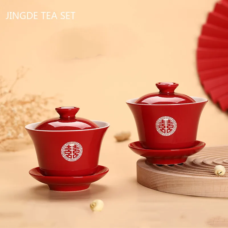 Chinese Wedding Teaware Supplies Exquisite Ceramics Gaiwan Teacup Handmade Tea Maker Double Happiness Bowl High-end Tea Set