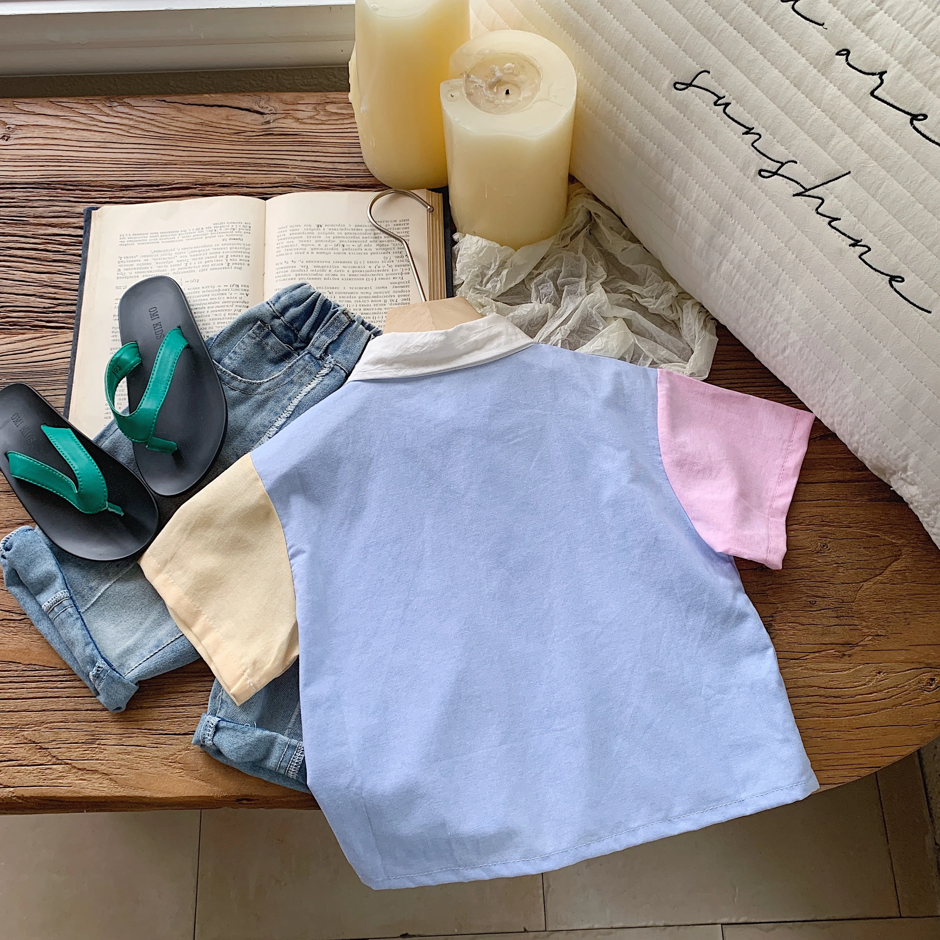 Children's short sleeved shirt with added sugar summer new product, boys' color blocked shirt, Korean version, children's c