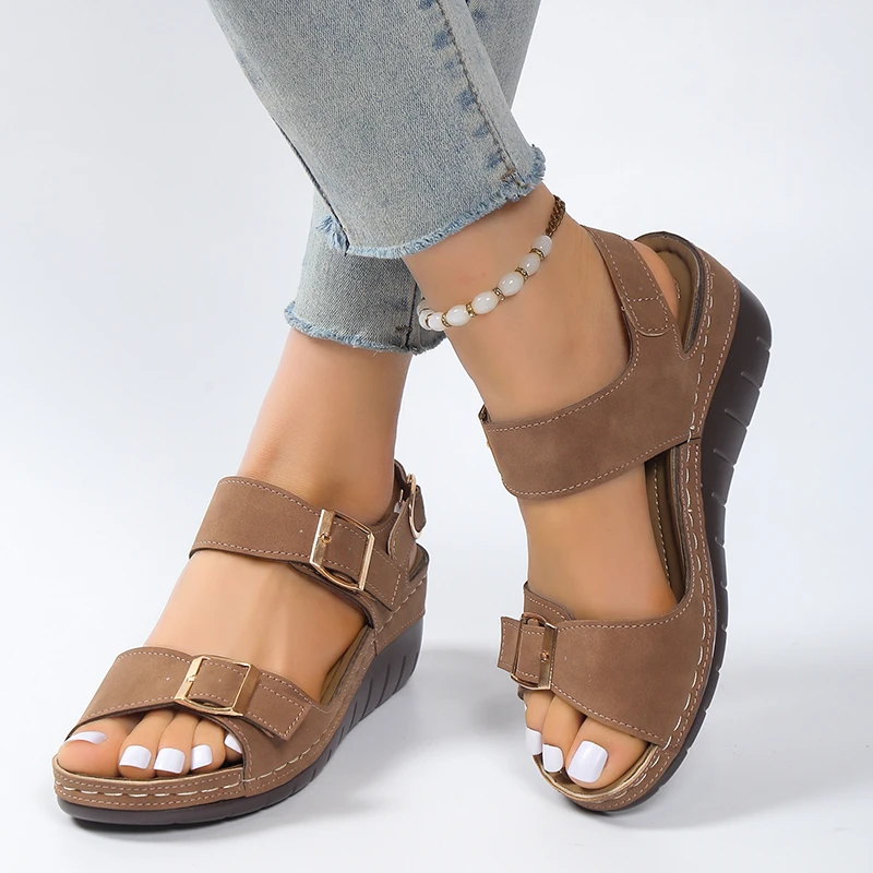 

Lightweight Women Wedge Sandals Summer 2023 Fashion Buckle Platform Sandalias Mujer Pu Leather Non-Slip Gladiator Sandles Ladies